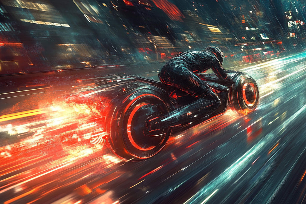 Futuristic motorcycle design file with neon city backdrop pattern