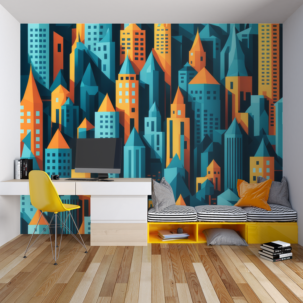Robot wallpaper mural in modern gaming room with LED accent lighting