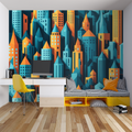 Robot wallpaper mural in modern gaming room with LED accent lighting
