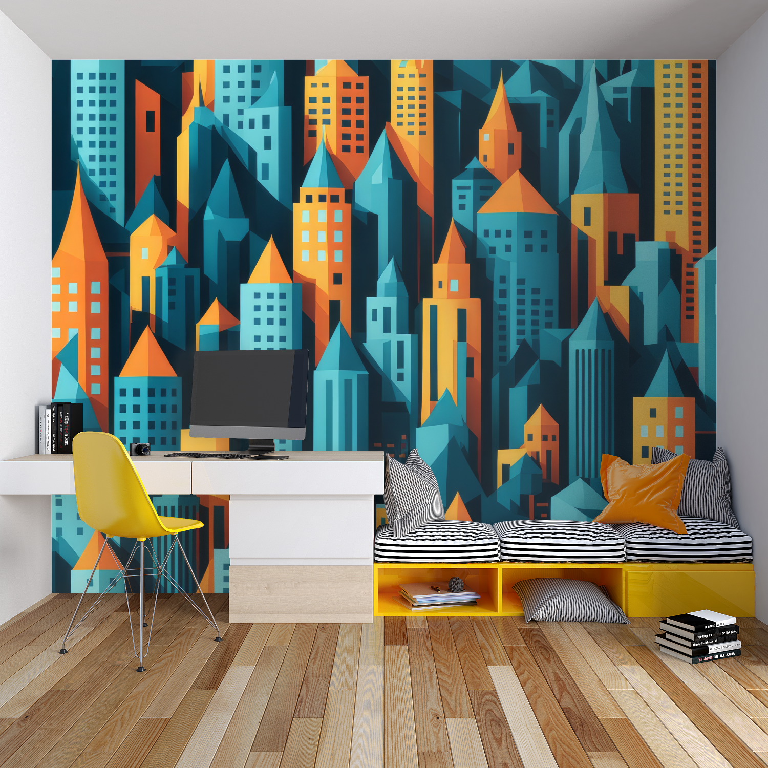 Robot wallpaper mural in modern gaming room with LED accent lighting