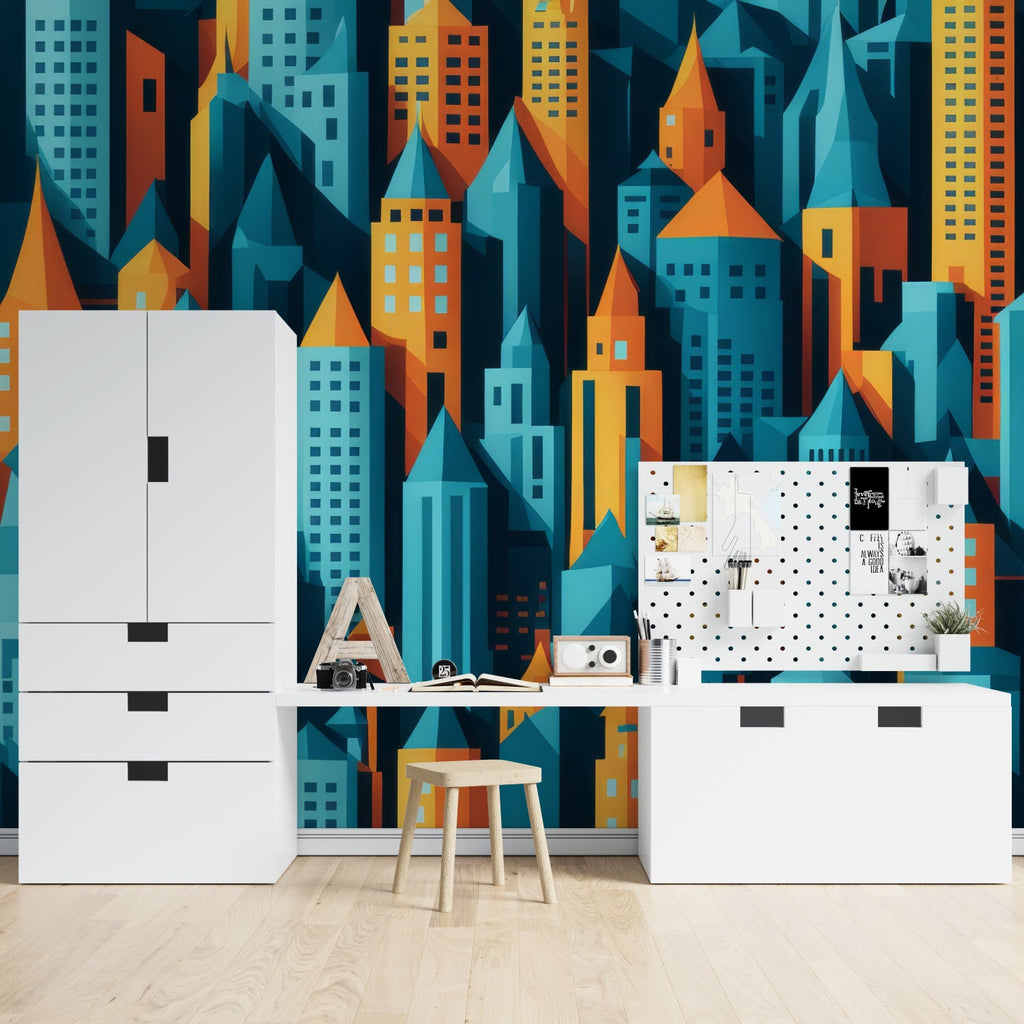 Futuristic robot wallpaper in contemporary office space