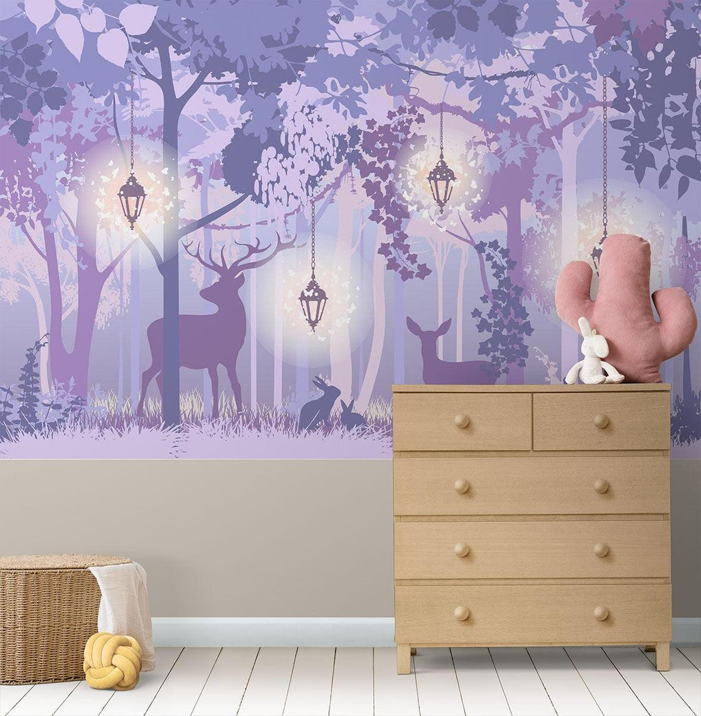 Forest Mural Wallpaper | Enchanted Purple Woodland With Lanterns