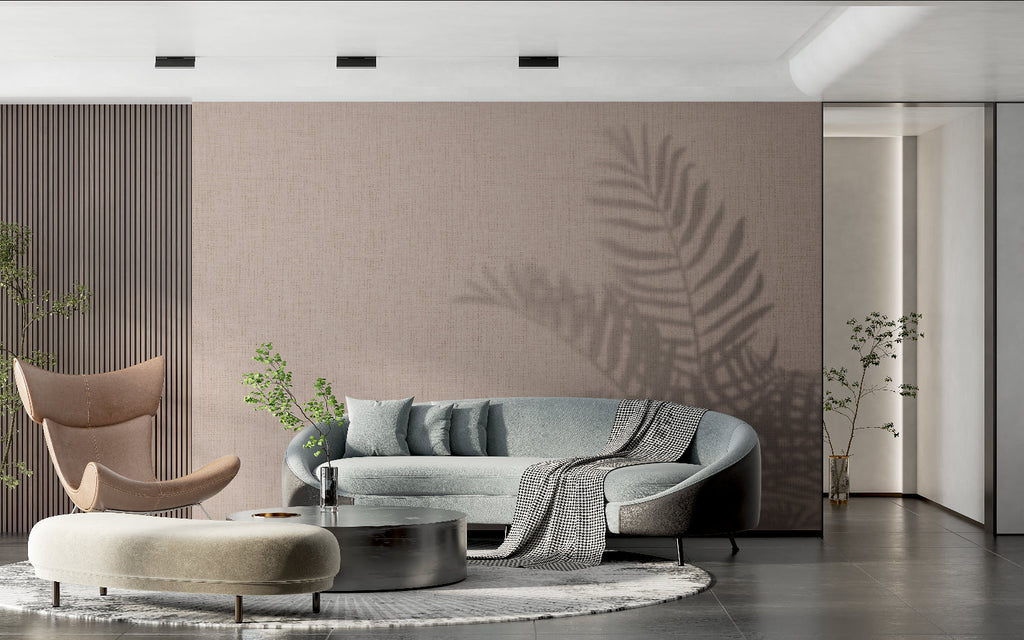 Minimalist Palm Shadow Wallpaper in a cozy bedroom setting with soft furnishings