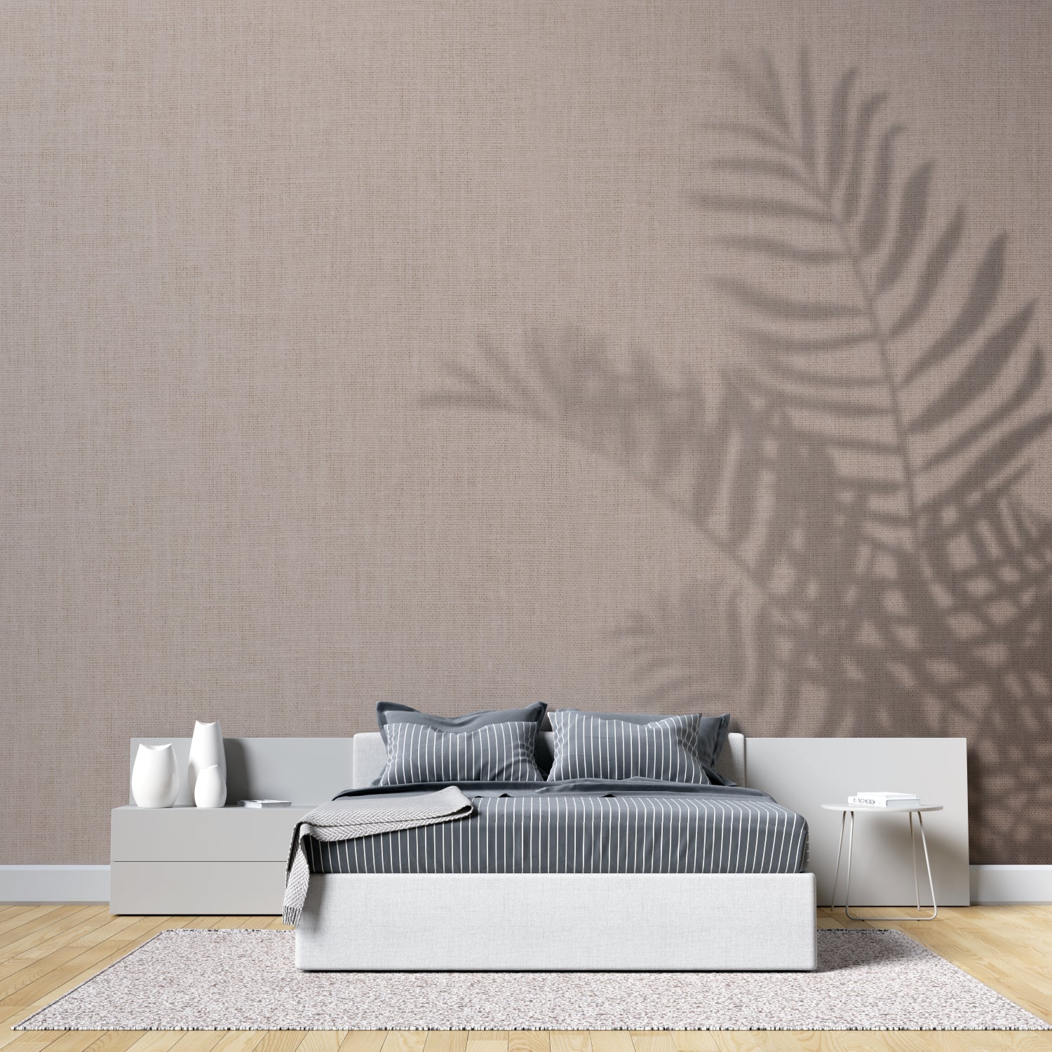 Tropical Shadow Wallpaper bringing warmth to a dining room with wooden furniture