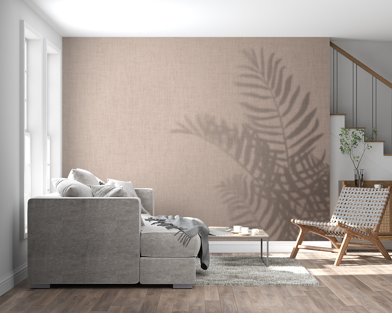 Beige Palm Wallpaper creating a calming effect in an entrance hallway