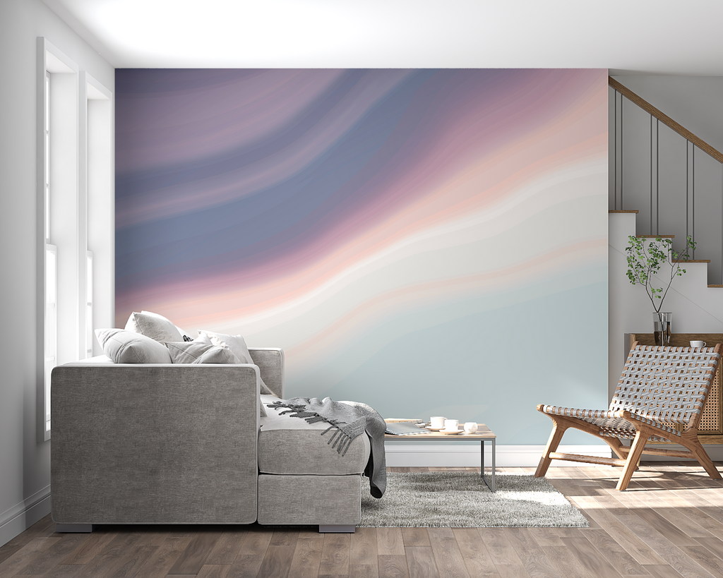 Abstract pastel wallpaper bringing serenity to master bedroom