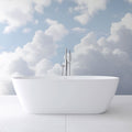 Cloud mural wallpaper creating an airy atmosphere in a modern living room with natural light and minimal furniture