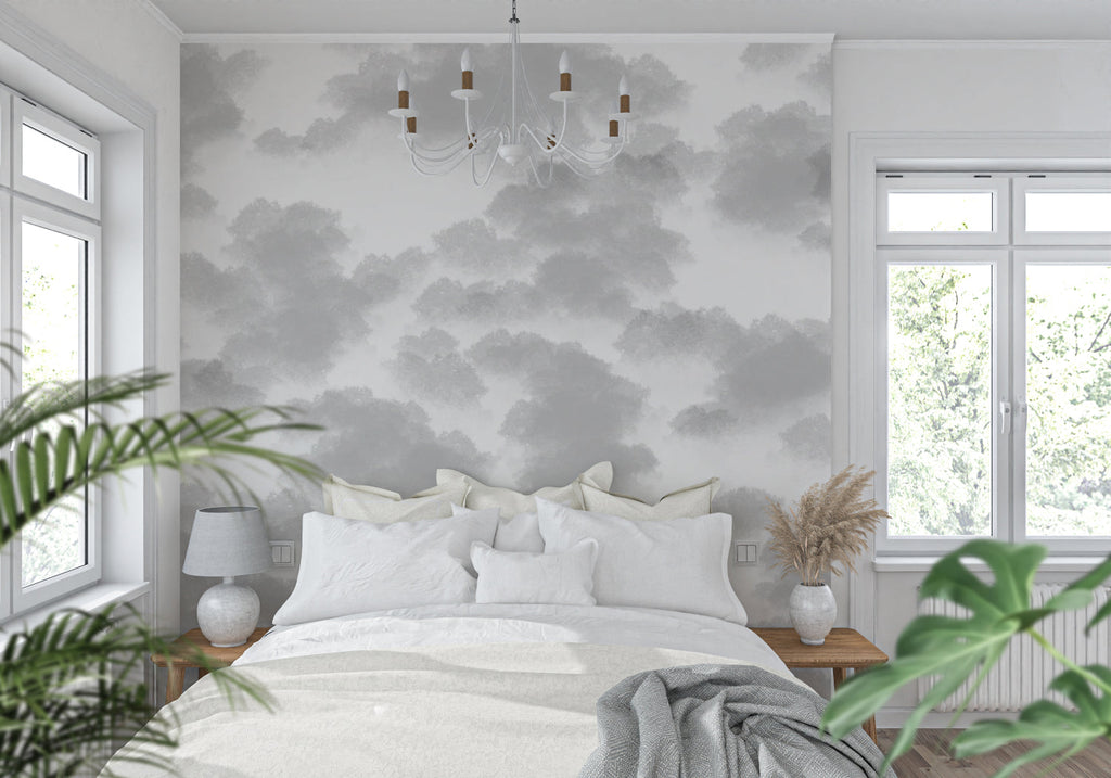 Cloud pattern feature wall in minimalist hallway