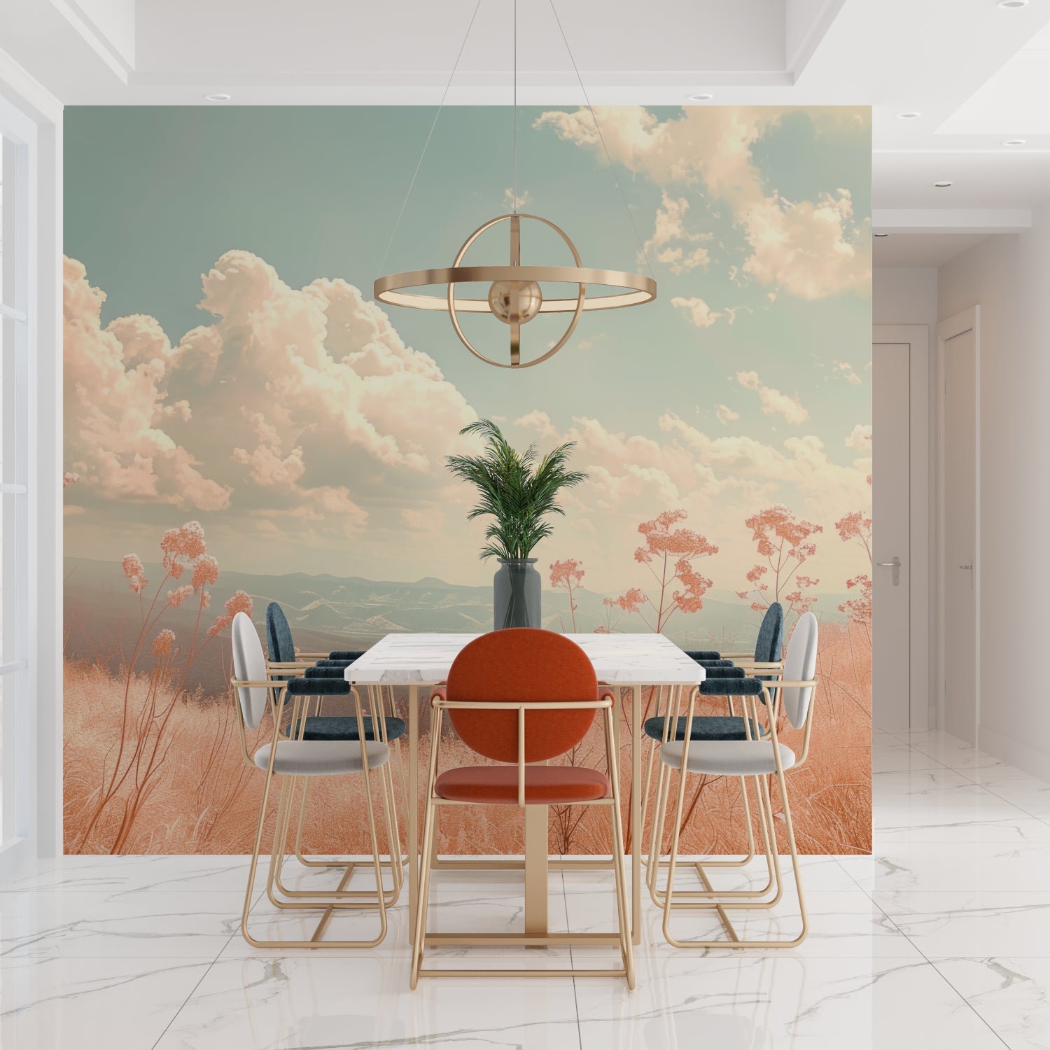 Mountain landscape wallpaper bringing warmth to a modern living room with terracotta accents