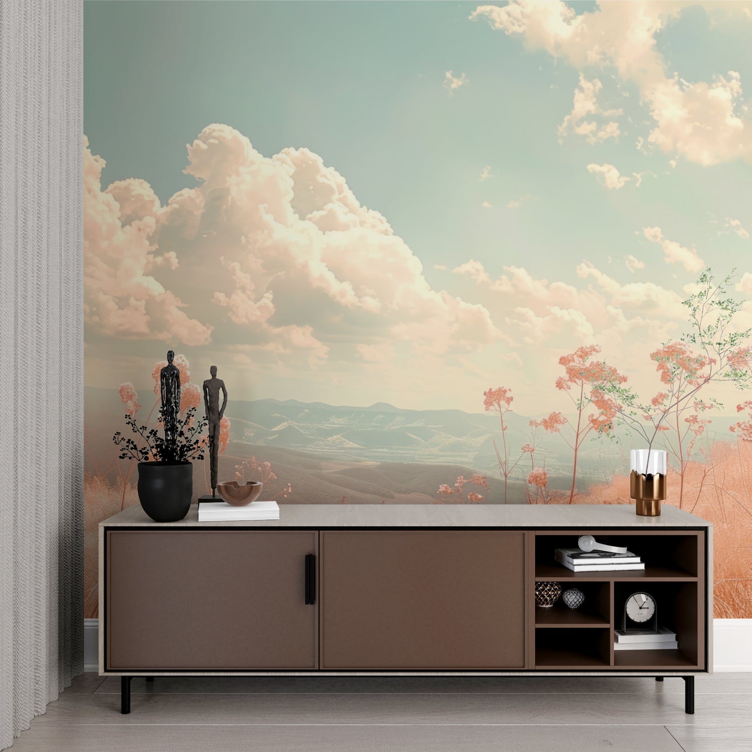 Scenic mountain mural creating depth in a minimalist bedroom setup