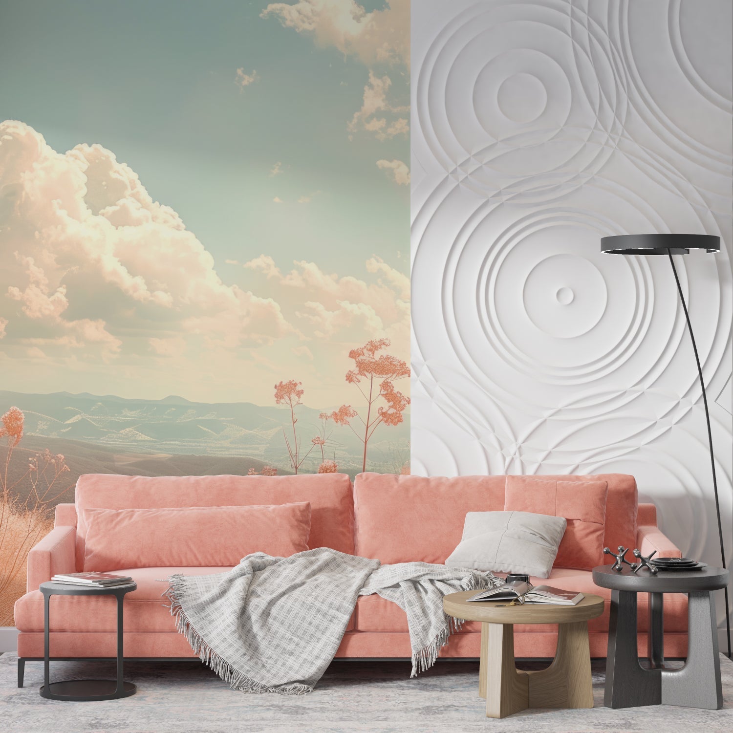 Nature wall mural transforming a dining area with soft terracotta tones