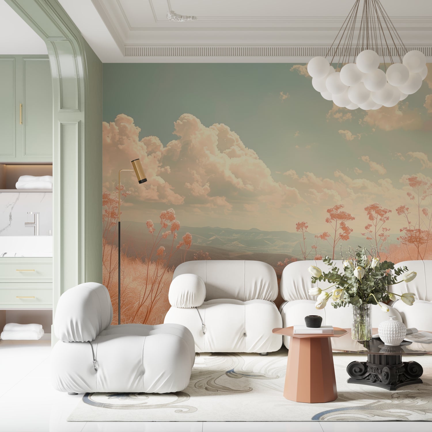 Landscape mural showcasing soft pastels in a reading nook setting