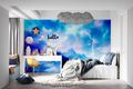 Lightning storm wallpaper mural in modern living room, dramatic blue and purple sky design creating focal point