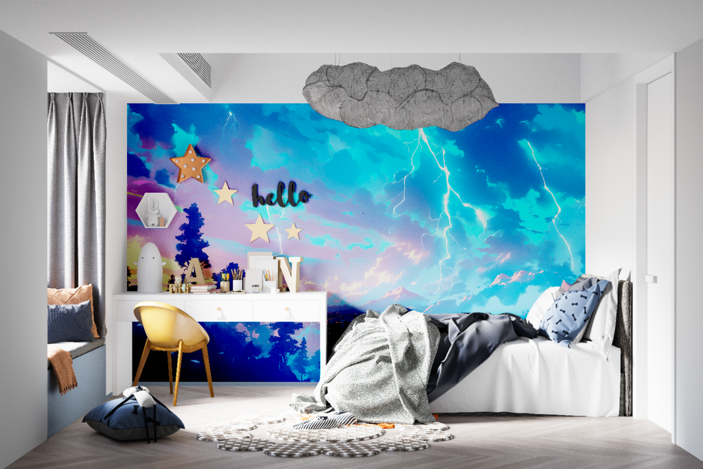 Electric Storm Wallpaper enhancing teen bedroom with dramatic sunset and lightning bolts