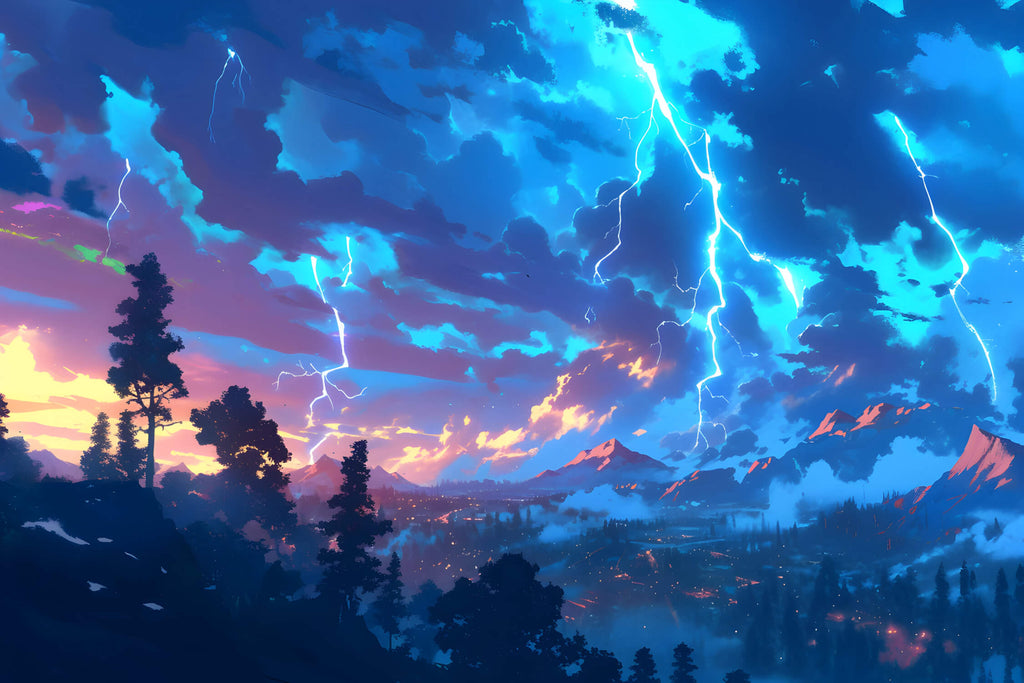 Storm Sky Wallpaper design file showing detailed lightning bolts and sunset color palette