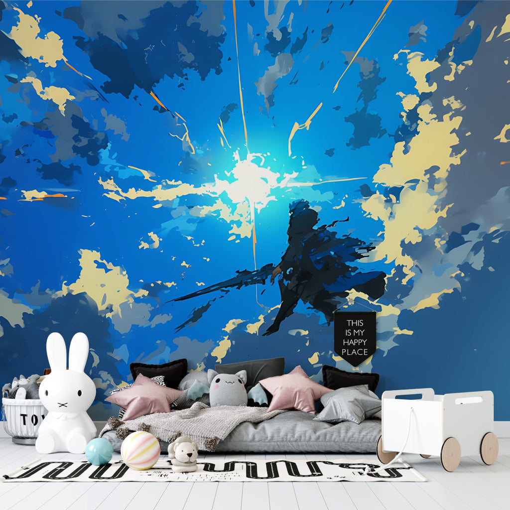 Sky mural wallpaper creating depth in modern living room with blue and gold accents