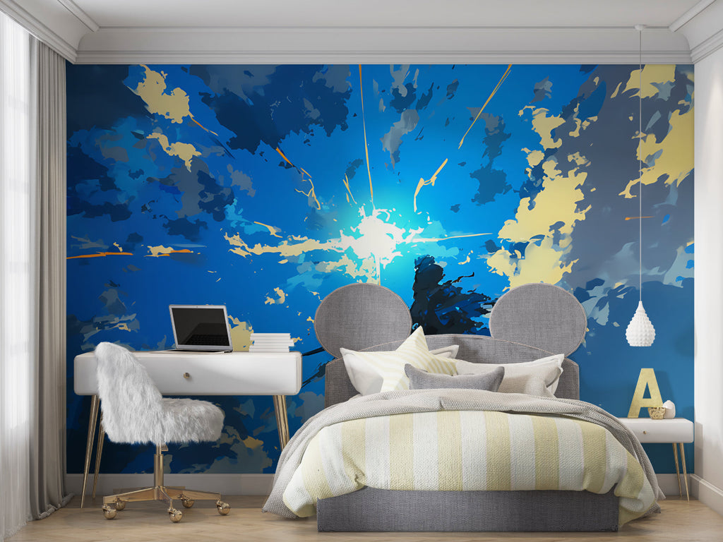 Sky wallpaper bringing light to home office space
