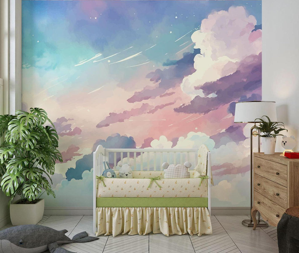 Sky mural with shooting stars transforming a teen's study space