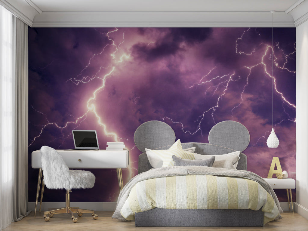 Lightning Wall Design transforming teen room with dramatic purple sky effect