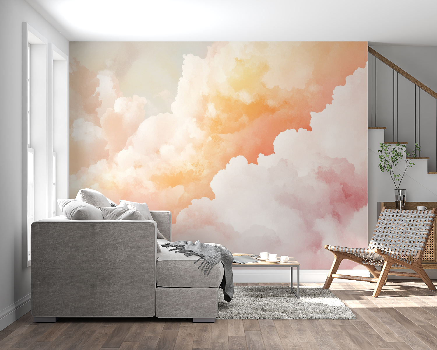 Sky mural creating peaceful atmosphere in yoga studio setting