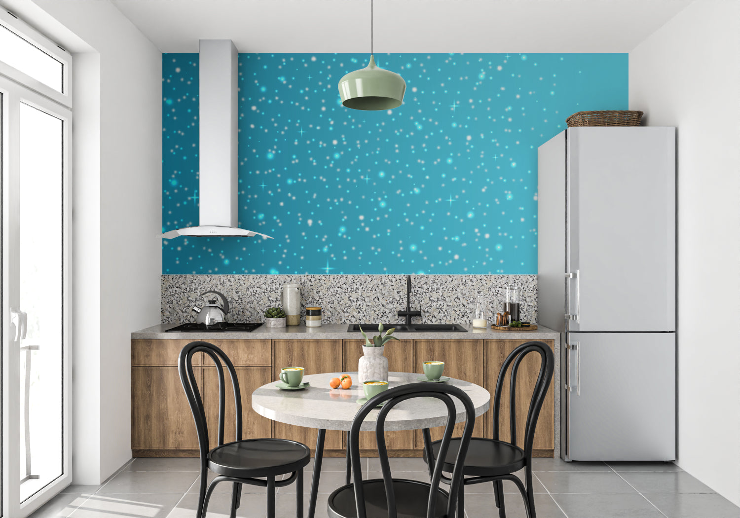 Home office with celestial wallpaper creating inspiring atmosphere