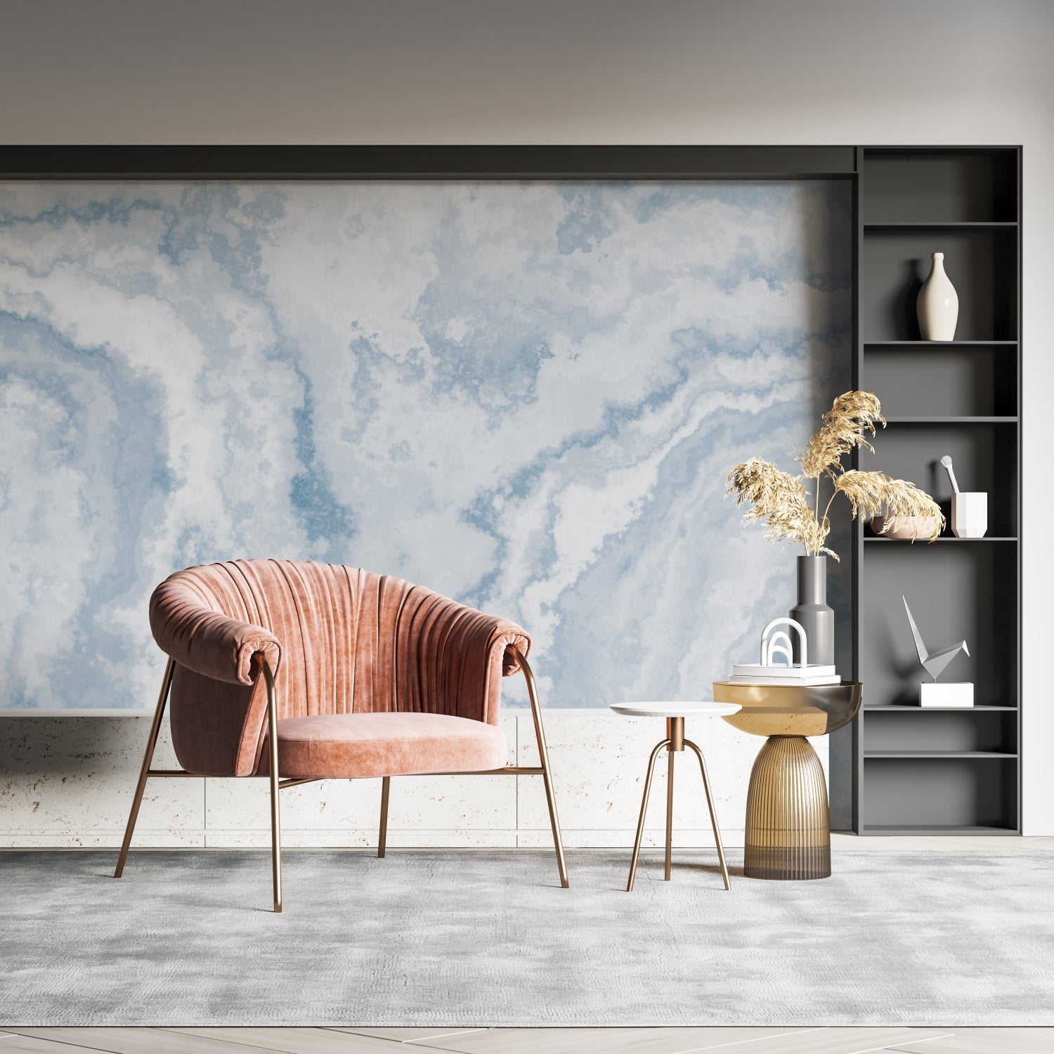 Dreamy cloud wallpaper transforming a dining room with soft watercolor effects