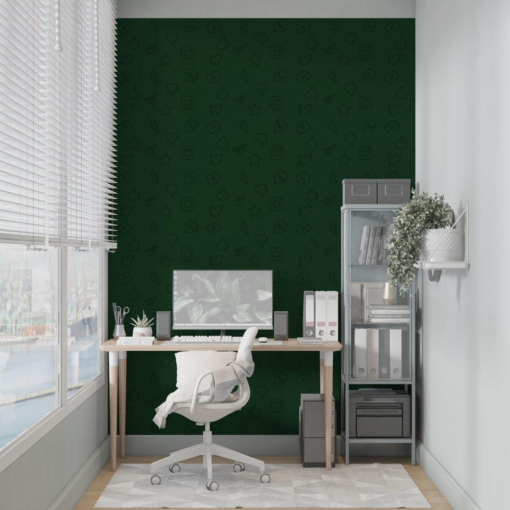Green social media wallpaper in a teen study room with modern furniture