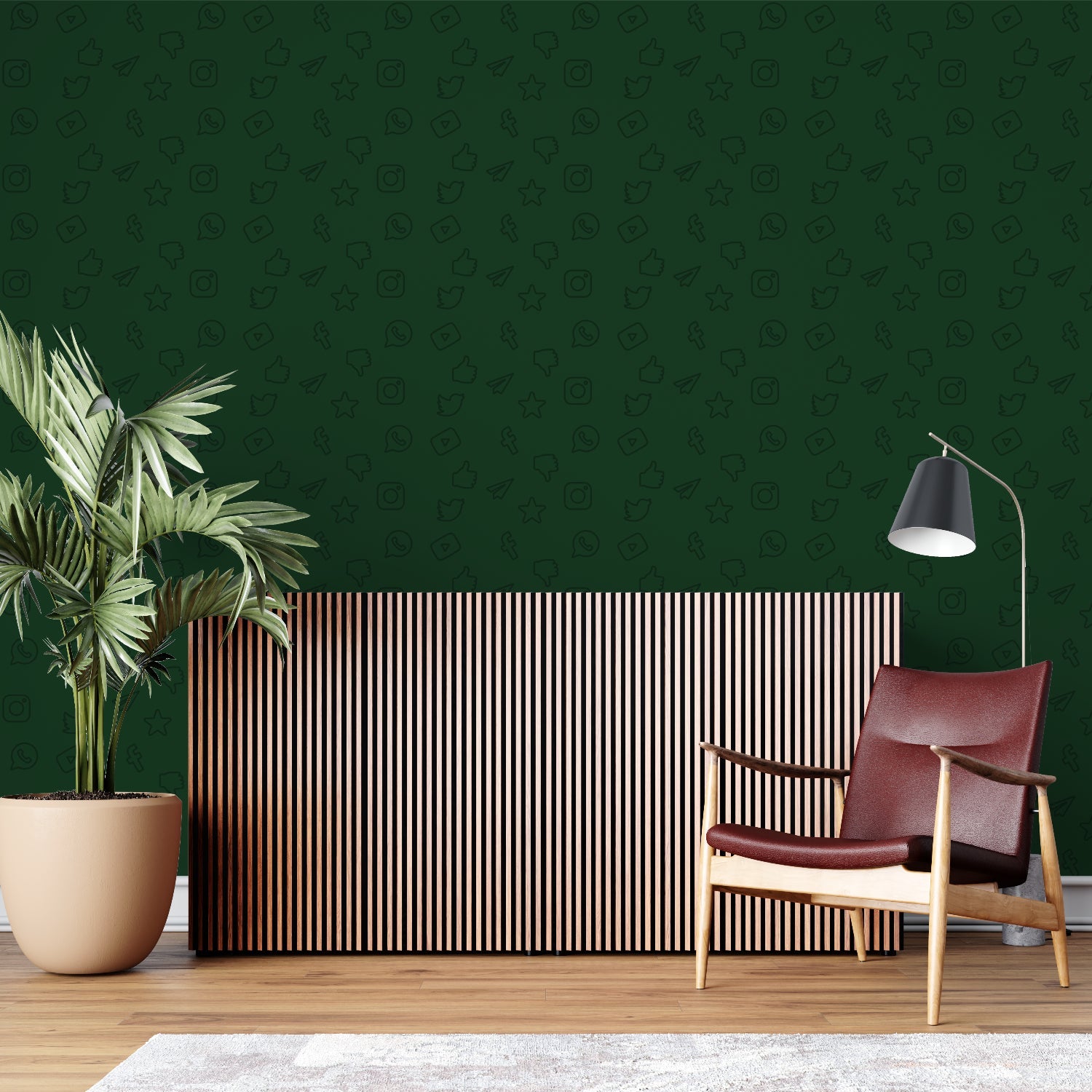 Modern green wallpaper with social media icons in a content creator studio