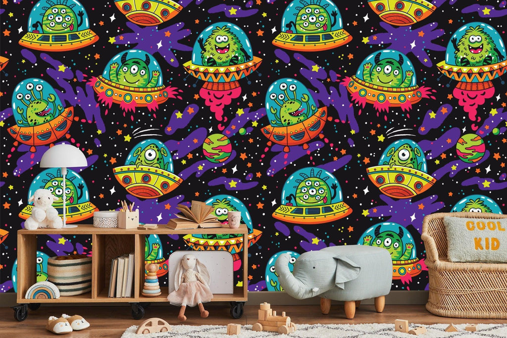 Space-themed nursery featuring UFO galaxy wallpaper with playful alien characters