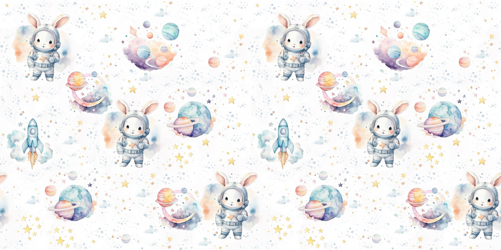 Space bunny wallpaper design file showing watercolor astronaut bunnies and pastel planets pattern