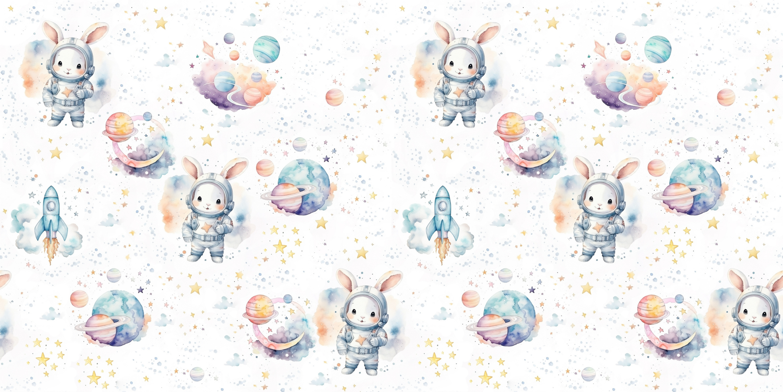 Space bunny wallpaper design file showing watercolor astronaut bunnies and pastel planets pattern