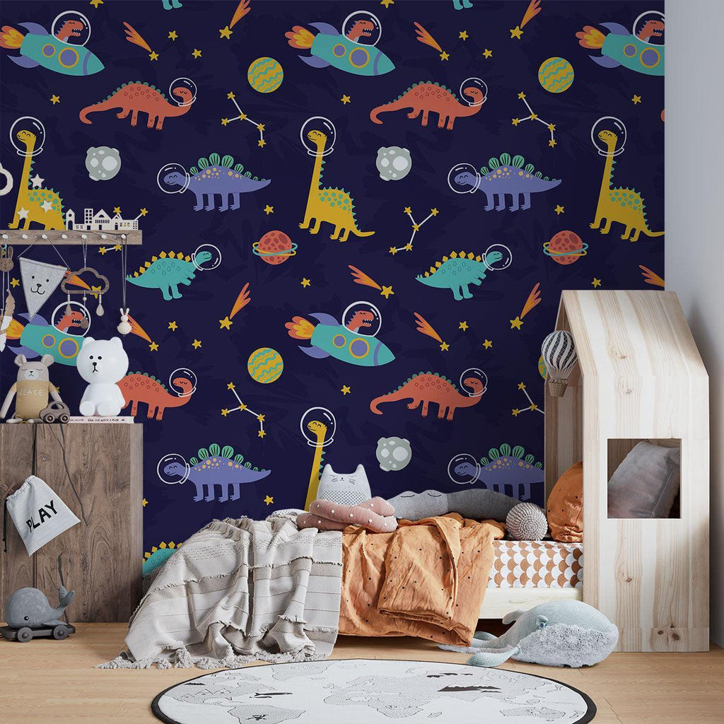 Space dinosaur wallpaper bringing magic to a modern kids bedroom, with soft lighting highlighting the playful design