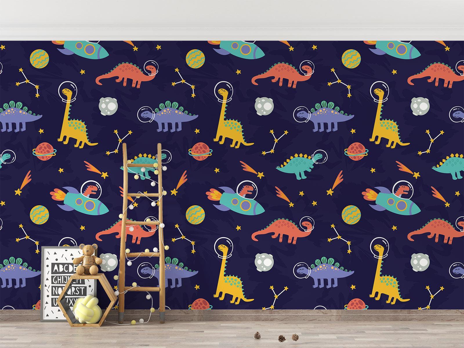 Kids reading nook with the dinosaur space wallpaper, showing how it creates a cozy story corner