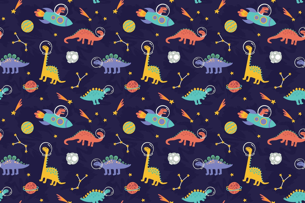 Design file of playful astronaut dinosaurs floating in space with planets and stars