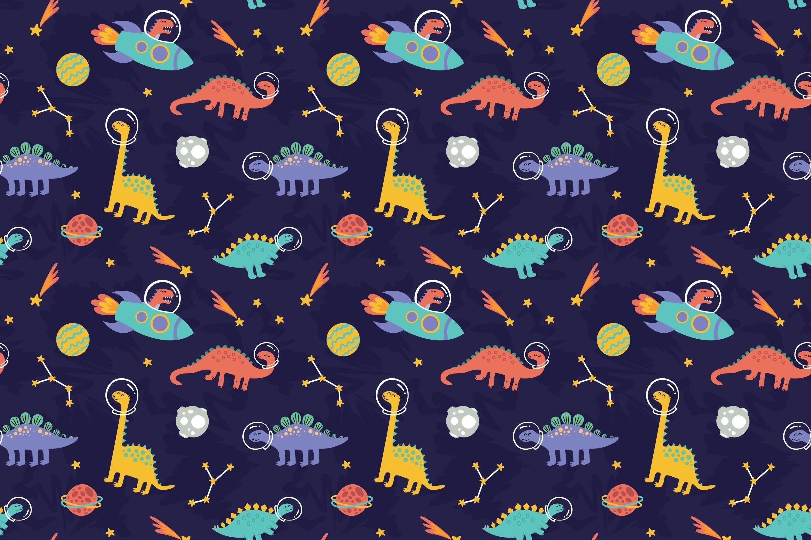 Design file of playful astronaut dinosaurs floating in space with planets and stars