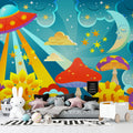 Space fantasy wallpaper bringing magic to a modern kids bedroom, with UFO and glowing mushrooms