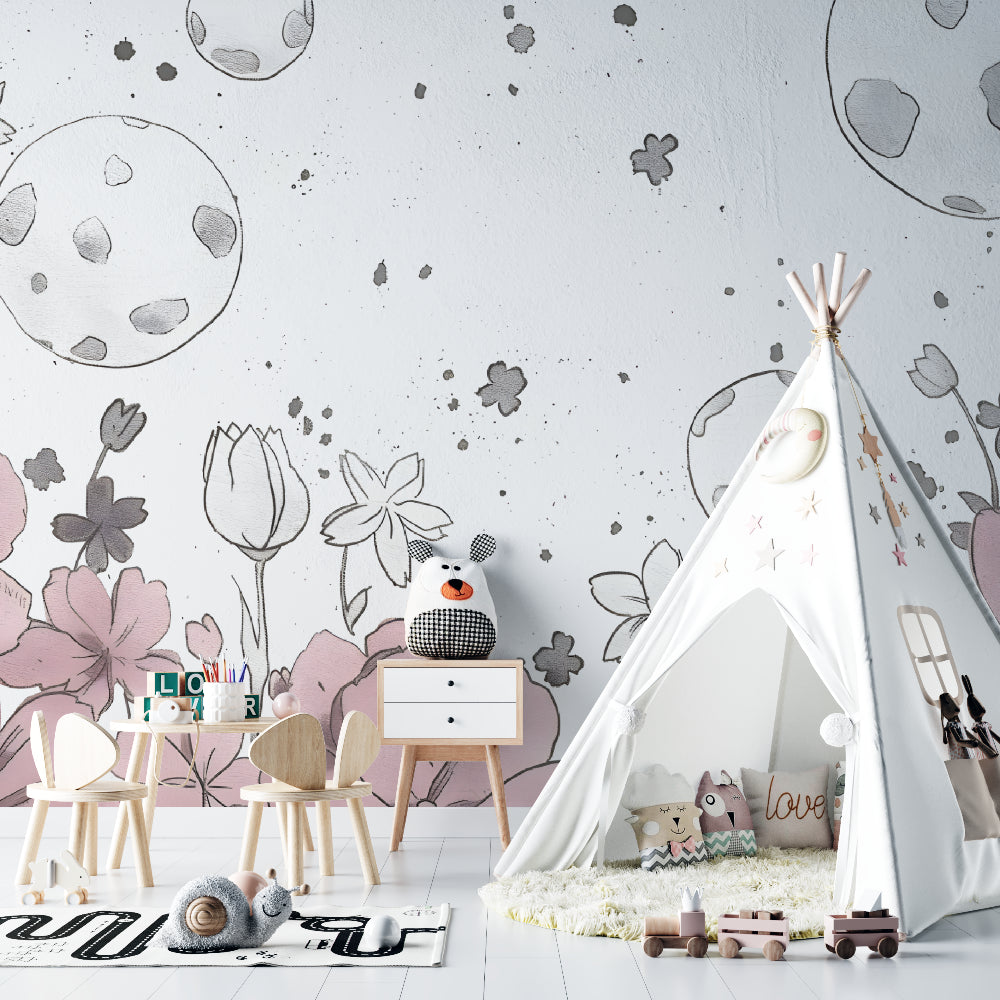 Space nursery wallpaper showcased in a peaceful bedroom setting