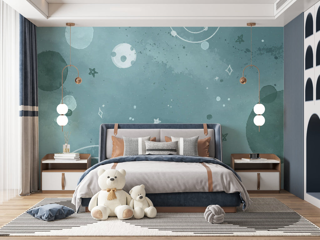 Blue galaxy wallpaper creating magical atmosphere in nursery with gentle lighting