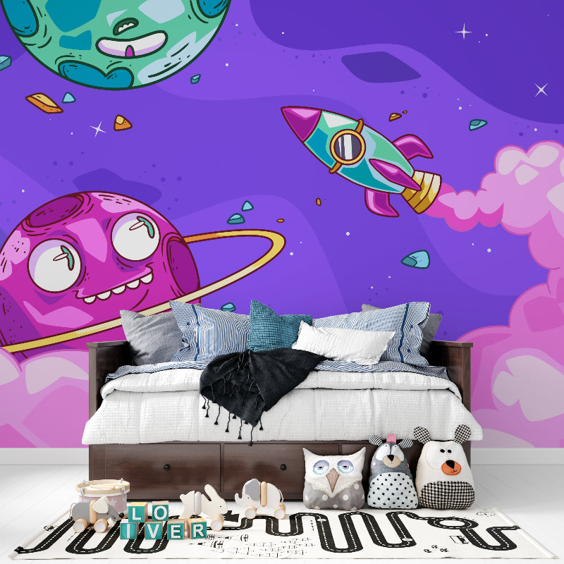 Kids bedroom showcasing fun space wallpaper with happy planets and floating stars