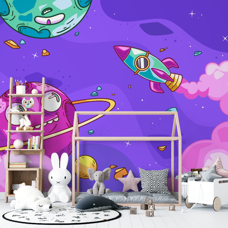 Study area transformed with colorful space themed wall mural for kids