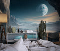 Space mural wallpaper in modern living room showing alien planet above desert landscape