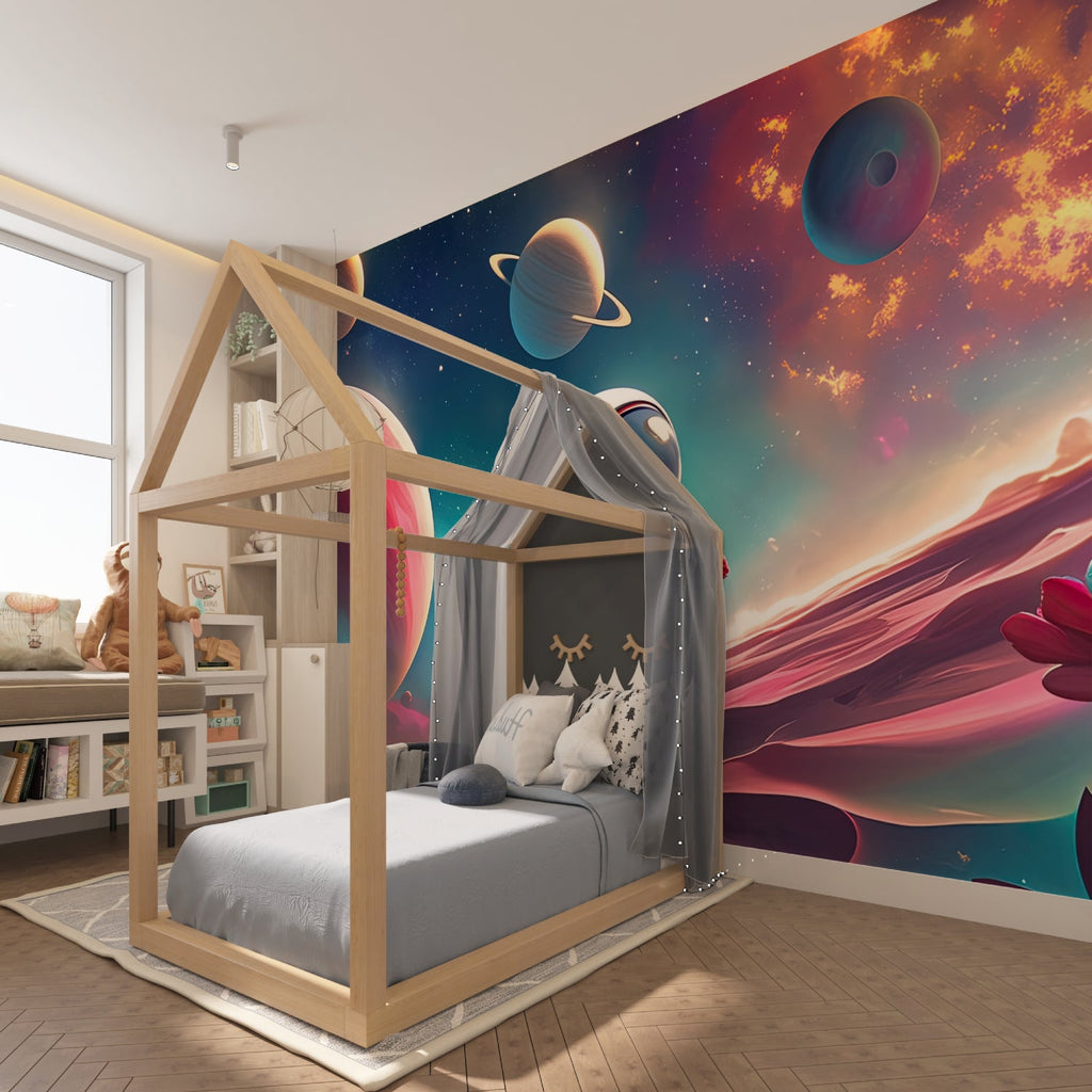 Space Mural Wallpaper bringing cosmic adventure to a modern kids bedroom with blue and orange accents