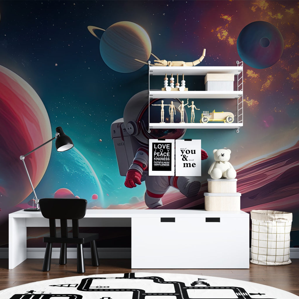 Astronaut wallpaper creating a magical atmosphere in a cozy reading nook