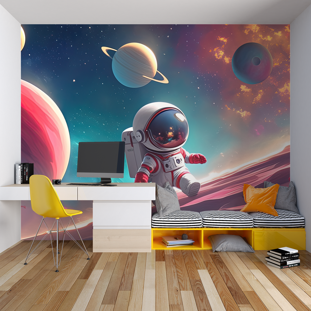 Galaxy mural wallpaper making a stunning impact in a modern home office