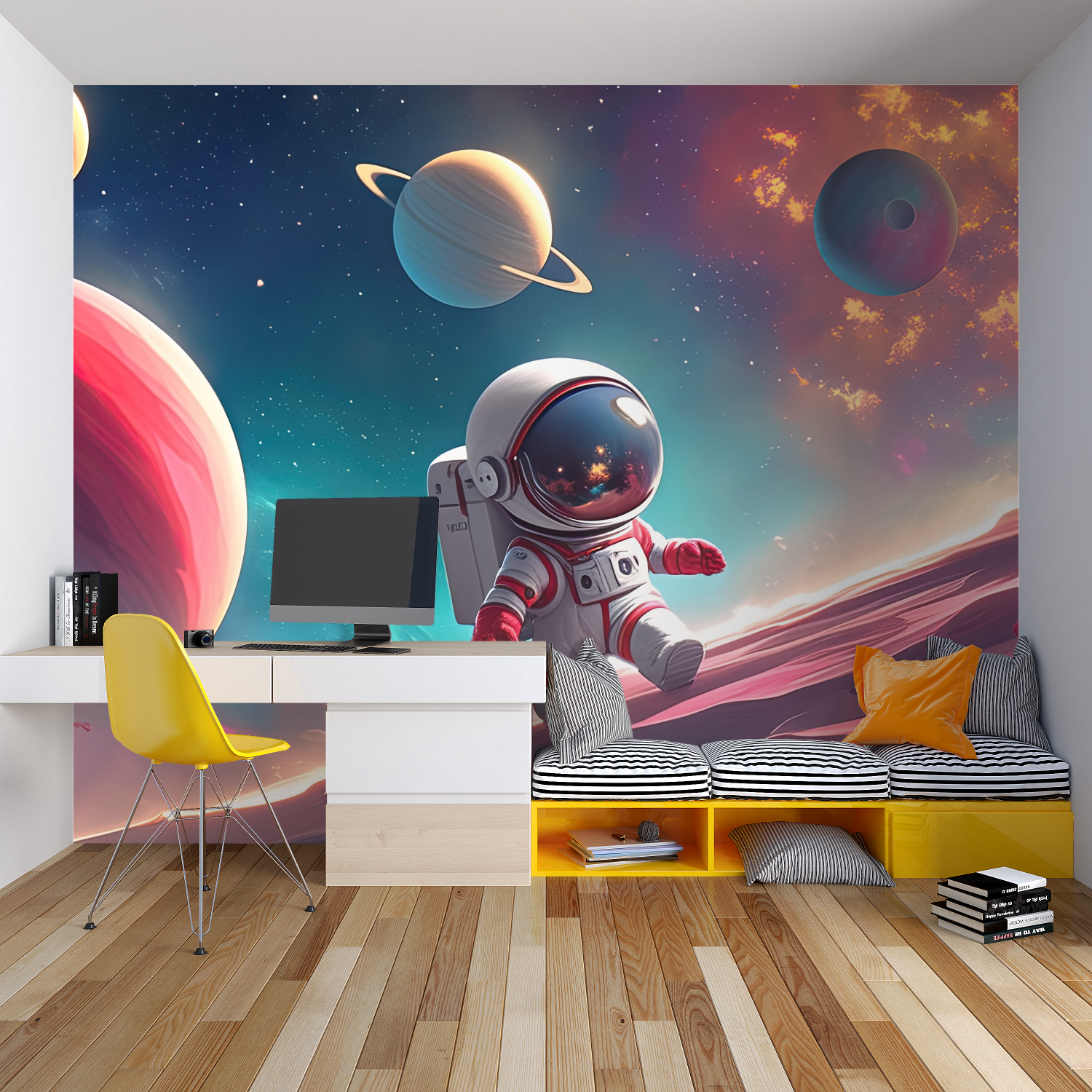 Galaxy mural wallpaper making a stunning impact in a modern home office