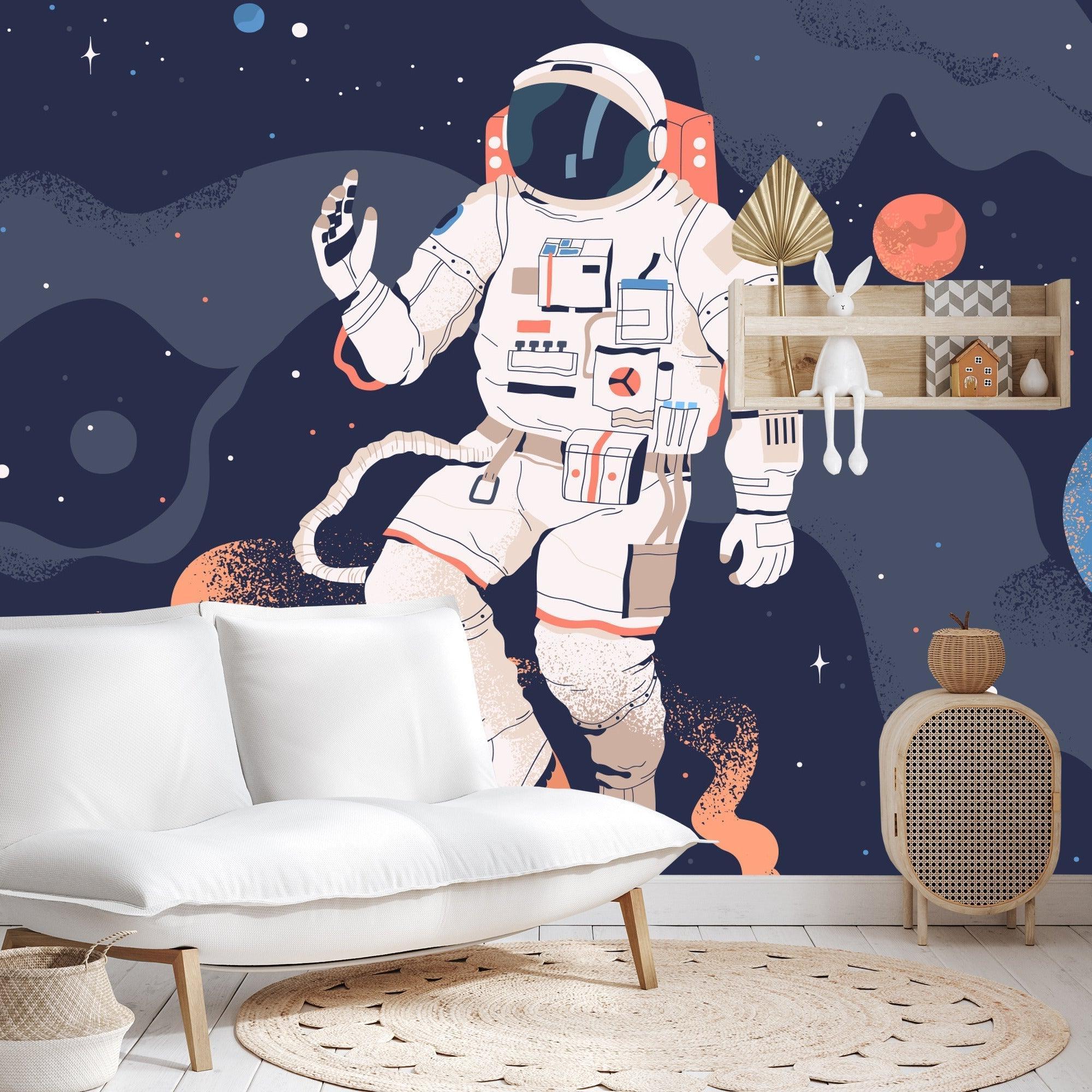 Kids bedroom with astronaut wall mural showing coral planets and stars