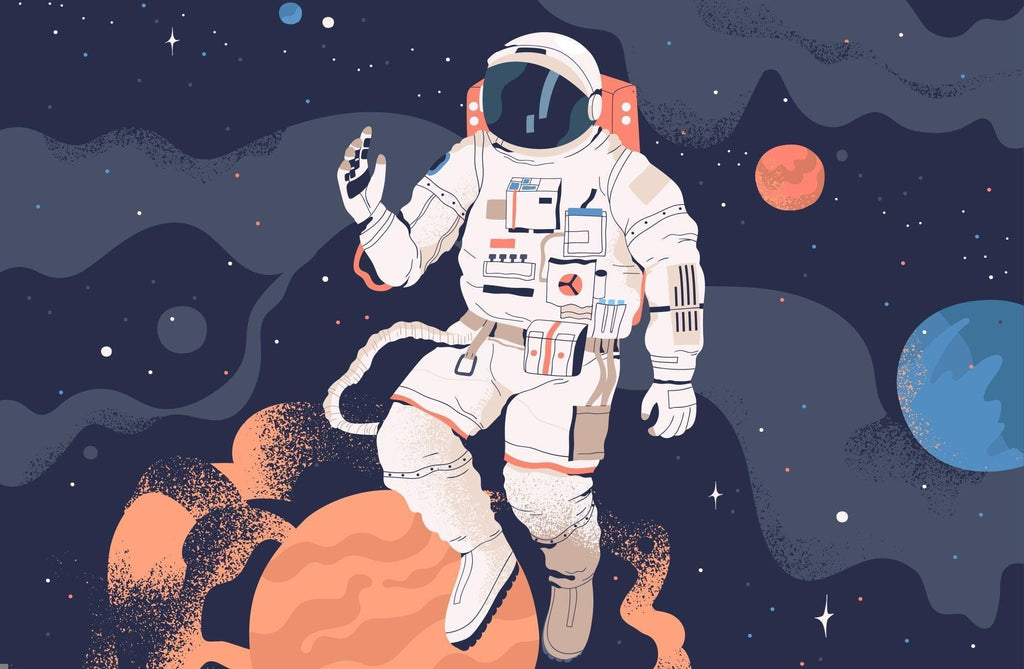 Space wallpaper design file showing detailed astronaut with coral planets and twinkling stars