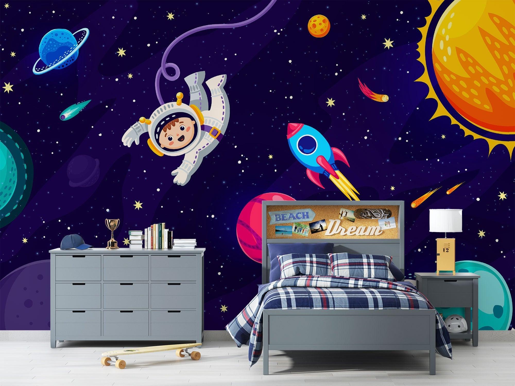 Space exploration wallpaper creating cosmic adventure in modern kids bedroom with purple and blue tones