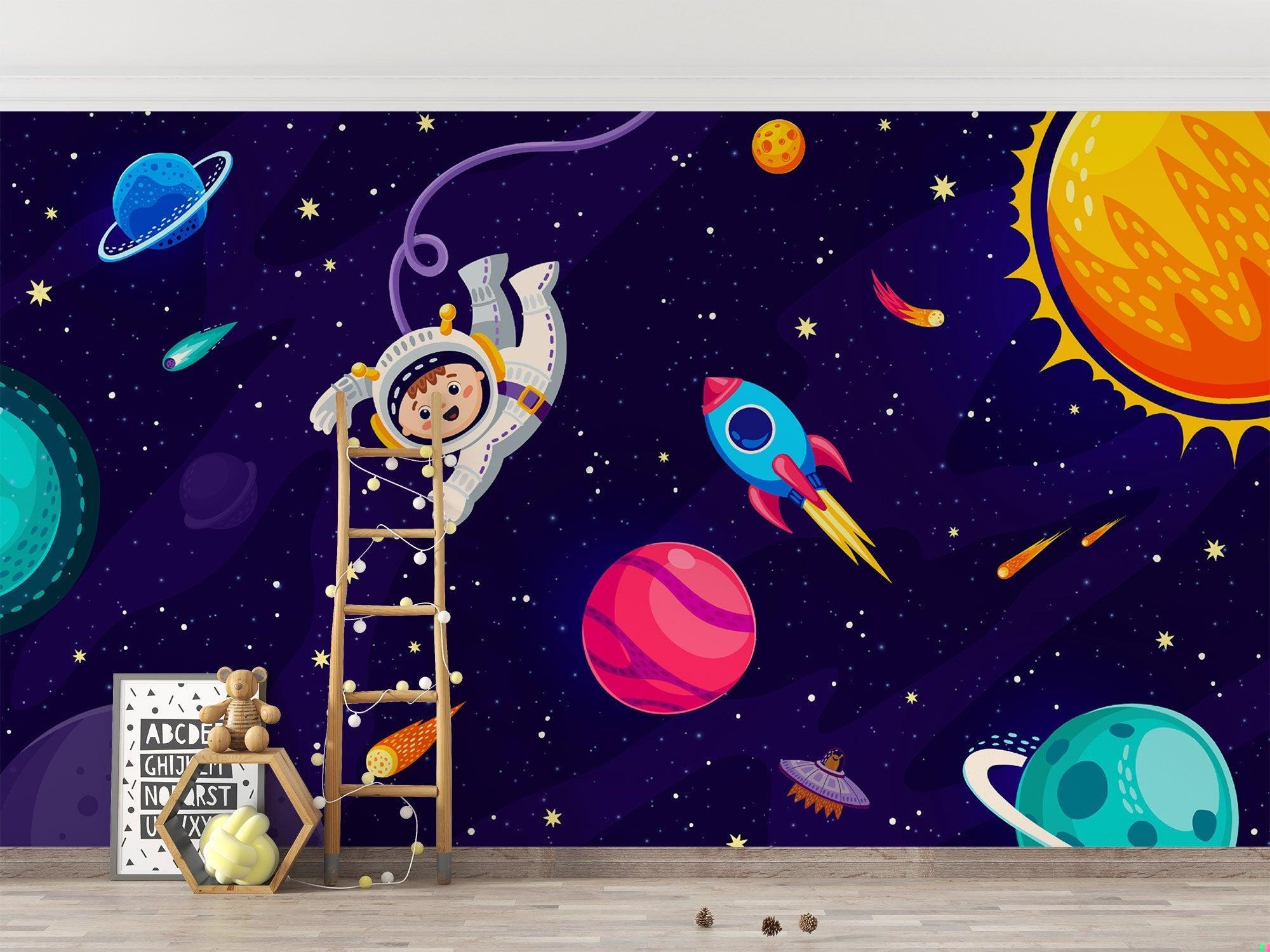 Space themed wallpaper transforming study area with galaxy design