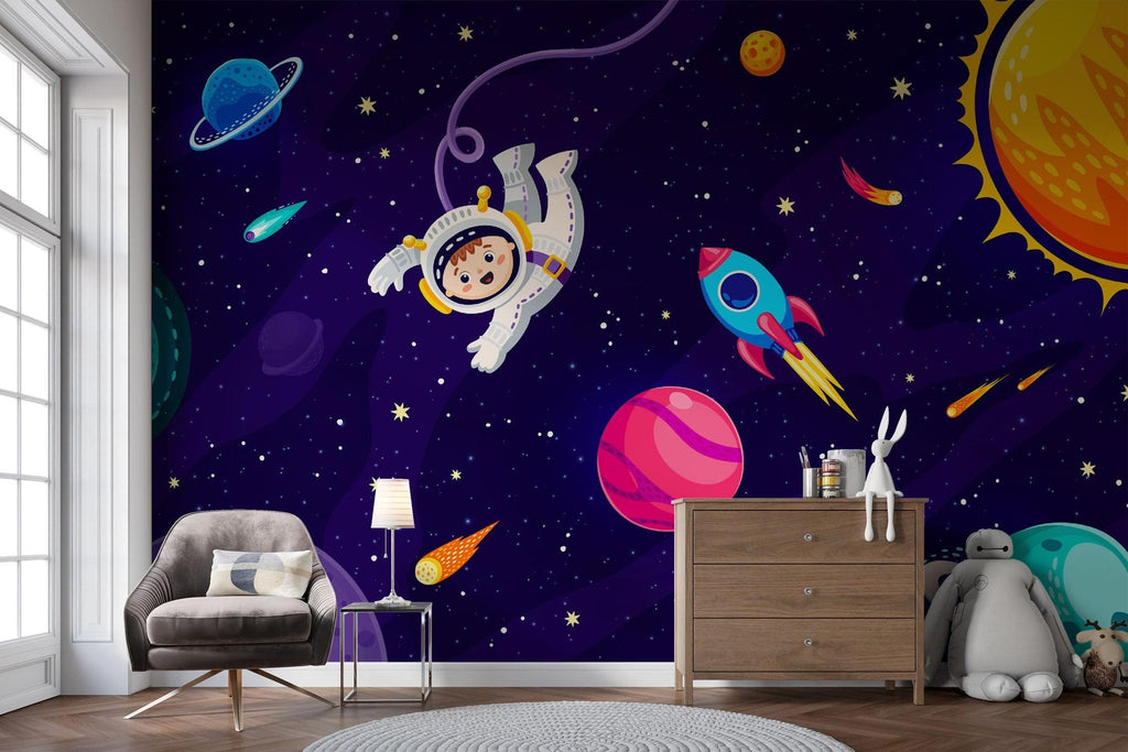 Galaxy wall mural adding depth to reading nook with floating astronaut